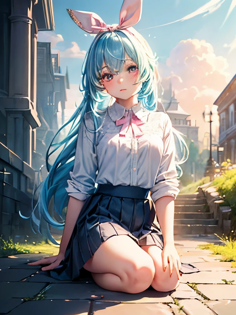 (detailed beautiful eyes and detailed face, masterpiece side light, masterpiece, Highest quality, detailed, High resolution illustrations), (1 girl, beautiful girl, Glowing Skin), (Sky blue hair, Pink eyes, skirt, ribbon, Button-down shirt)(Kneel on the ground)