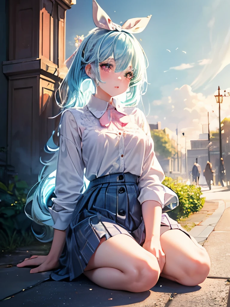 (detailed beautiful eyes and detailed face, masterpiece side light, masterpiece, Highest quality, detailed, High resolution illustrations), (1 girl, beautiful girl, Glowing Skin), (Sky blue hair, Pink eyes, skirt, ribbon, Button-down shirt)(Kneel on the ground)