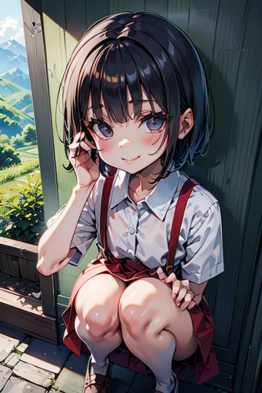 echo-san,
dress shirt,
red suspender skirt,
bob cut,
black hair,
short sleeve,
squat,　smile,　Open your mouth,　Put your hand on your cheek,
Roadside in the countryside,In the mountains,Unpopular place,Rusty bus stop,Shade,Fresh morning air,Soft sunlight,I can see the mountains,cumulonimbus,
(from above:1.2),((close up head)),