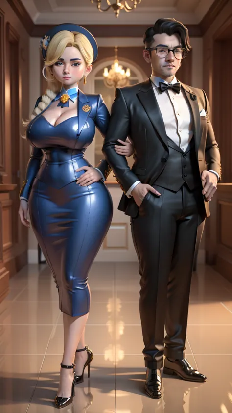 a cartoon couple dressed in formal clothes posing for a picture, highly detailed characters, very detailed and rich clothing, (s...