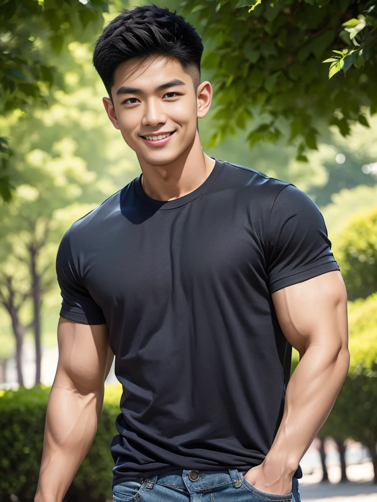 man , gray t-shirt jeans, black short hair , outdoor , cute smile , หน้าhandsomeแบบเกาหลีสมจริง , modest muscles , Masterpiece、High resolution、Surreal、detailed face、alone、man、Glowing skin、(Asia)、handsome、Detailed background