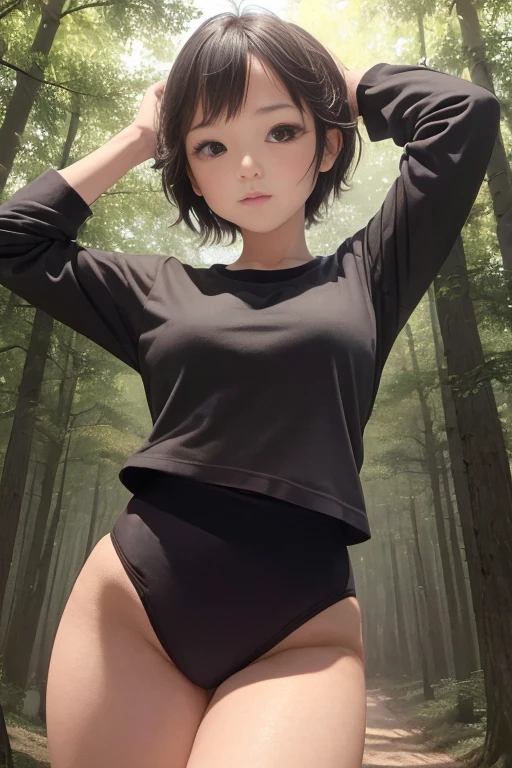 (masterpiece, Highest quality),  (夜のdark森), One Girl, young teen, Black gym bloomers, High Leg、School Shirt, Standing in the forest at night, Looking up at the forest、Anxious expression, Emotional, Wide-angle, dark, Best Shadow, watercolor,