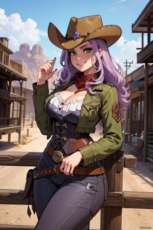 Perfect face. Perfect hands. A light purple haired cowgirl with green eyes and an hourglass figure in a conservative cowgirl outfit is leaning on a railing in a wild west town with a big smile
