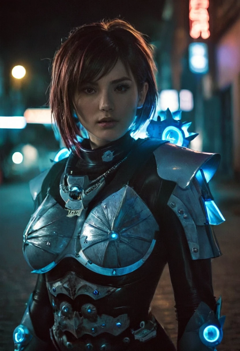 (realistic analog style sharp focus 8k raw photo with soft lighting and high quality:1.1), (hdr film grain:1.2),movie poster, a cute woman wearing a shiny (textured:1.2) (intricate:1.2) cyborgcosplay in a dark street at night, (cinematic hairstyle:1.2)
