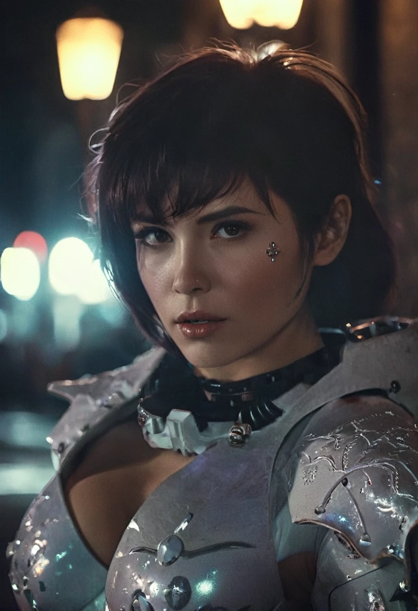 (realistic analog style sharp focus 8k raw photo with soft lighting and high quality:1.1), (hdr film grain:1.2),movie poster, a cute woman wearing a shiny (textured:1.2) (intricate:1.2) cyborgcosplay in a dark street at night, (cinematic hairstyle:1.2)
