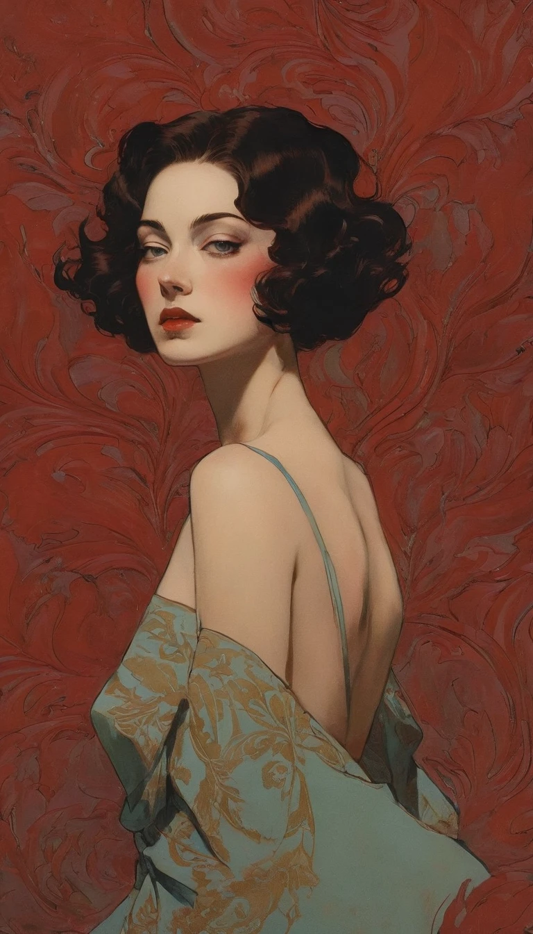 Sensual illustration of a graceful queen using chiaroscuro (((Short hair without bangs:1.4、Beautiful Eyes) , Vintage ,Silk dress, Matte Paint, John Singer Sargent, by Katsuya Terada、 Very soft color, Dark Vivid, Dark Red Pastel, Very detailed, Digital Art, High Contrast, dramatic, Sophisticated, tone, Intimate, Sensuality and romance、Masterpiece、Minimalist、