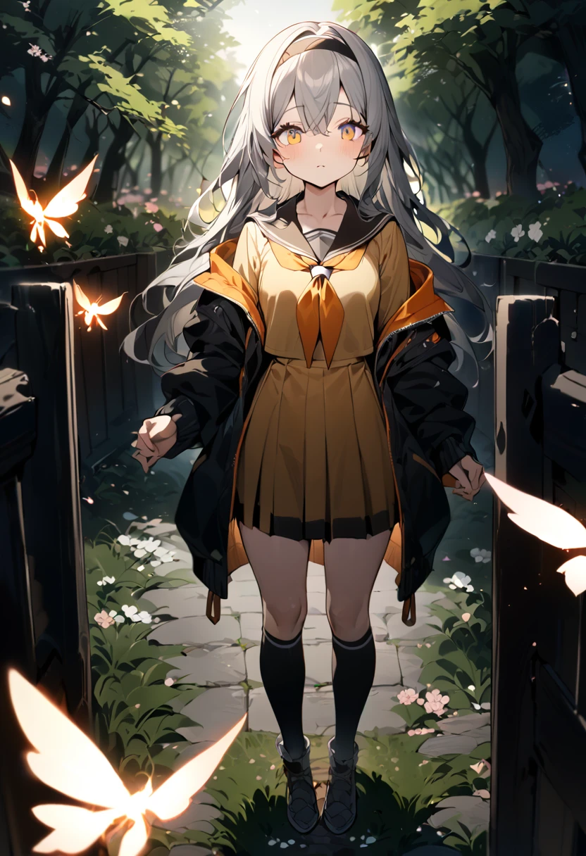 masterpiece,Highest quality,High resolution,Very detailed,(encounter_Audience:1.1),alone,One girl,Small breasts,Are standing,Outdoor,garden,Cherry Blossom,wood,whole body,fire Fly,Black hair band,Long Hair,Grey Hair,Jacket,Orange neckerchief,Knee socks,