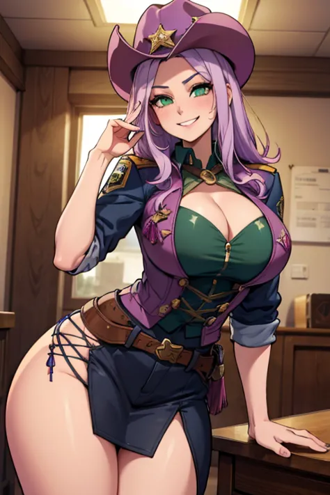 perfect face. perfect hands. a light purple haired cowgirl with green eyes and an hourglass figure in a conservative cowgirl out...