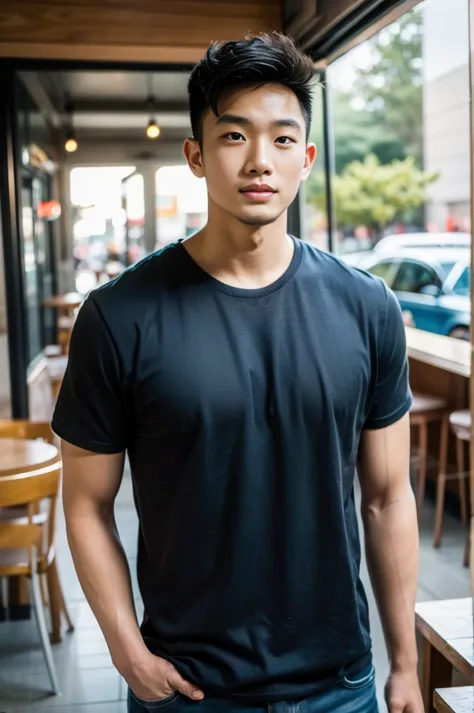 ((realistic daylight)) , young korean man in a black t-shirt with no pattern, a denim shirt, and jeans., a handsome, muscular yo...