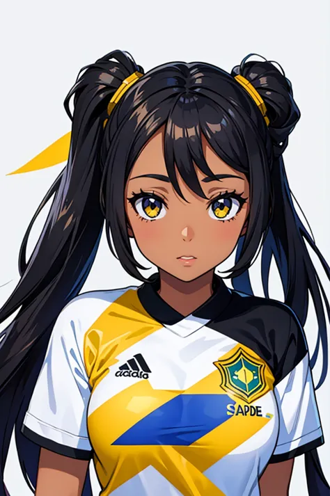 create me a black female character, , no artistic cartoon style, wearing normal clothes and a brazilian team shirt, with a white...