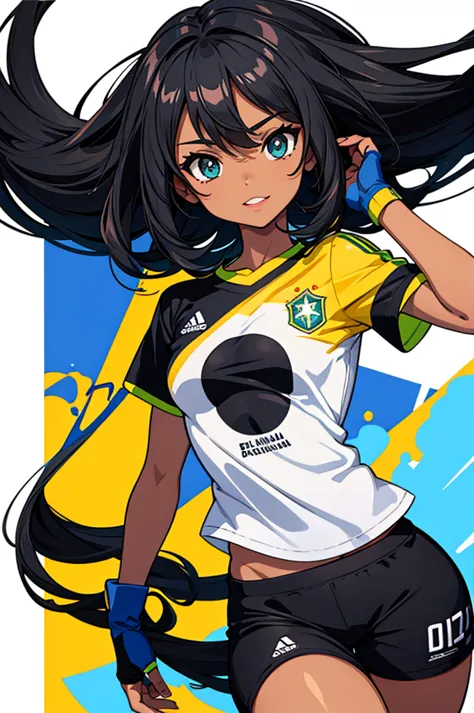 create me a black female character, , no artistic cartoon style, wearing normal clothes and a brazilian team shirt, with a white...