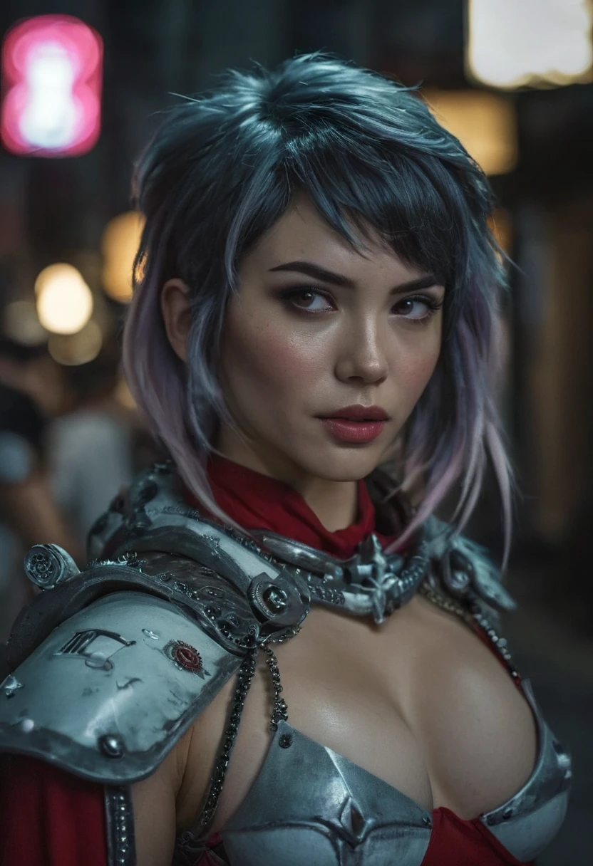 (realistic analog style sharp focus 8k raw photo with soft lighting and high quality:1.1), (hdr film grain:1.2),movie poster, a cute woman wearing a shiny (textured:1.2) (intricate:1.2) cyborgcosplay in a dark street at night, (cinematic hairstyle:1.2)
