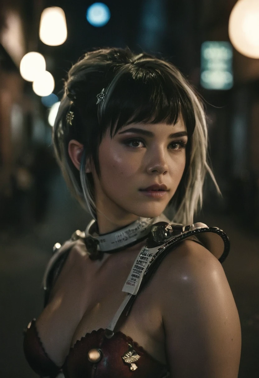 (realistic analog style sharp focus 8k raw photo with soft lighting and high quality:1.1), (hdr film grain:1.2),movie poster, a cute woman wearing a shiny (textured:1.2) (intricate:1.2) cyborgcosplay in a dark street at night, (cinematic hairstyle:1.2)
