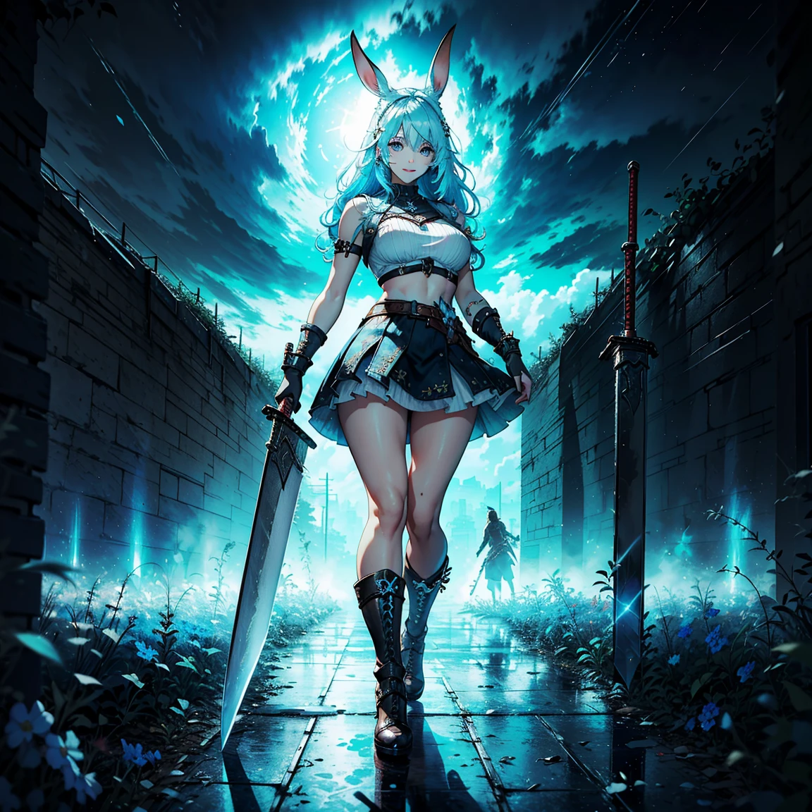 1girl, (solo), FFXIV_Viera, long hair, light blue hair, long rabbit ears, blue eyes, smile, arrogant, small lips, big breasts, big tall, white crop top, deep neckline, white skirt, black boots, ((buster_sword, huge_sword, holding_sword, )):6, white skin, full body, arena, thunder behind, (days), (very sexy body, detailed face, detailed eyes, masterpiece, highly detailed, 8k, best quality, vibrant colors, digital art, concept art)