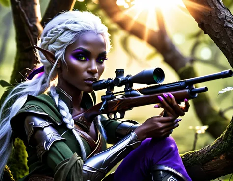 a portrait picture of a 1single female drow elf sniper, lying on a tree branch aiming a sniper rifle, an exotic beautiful elf sn...