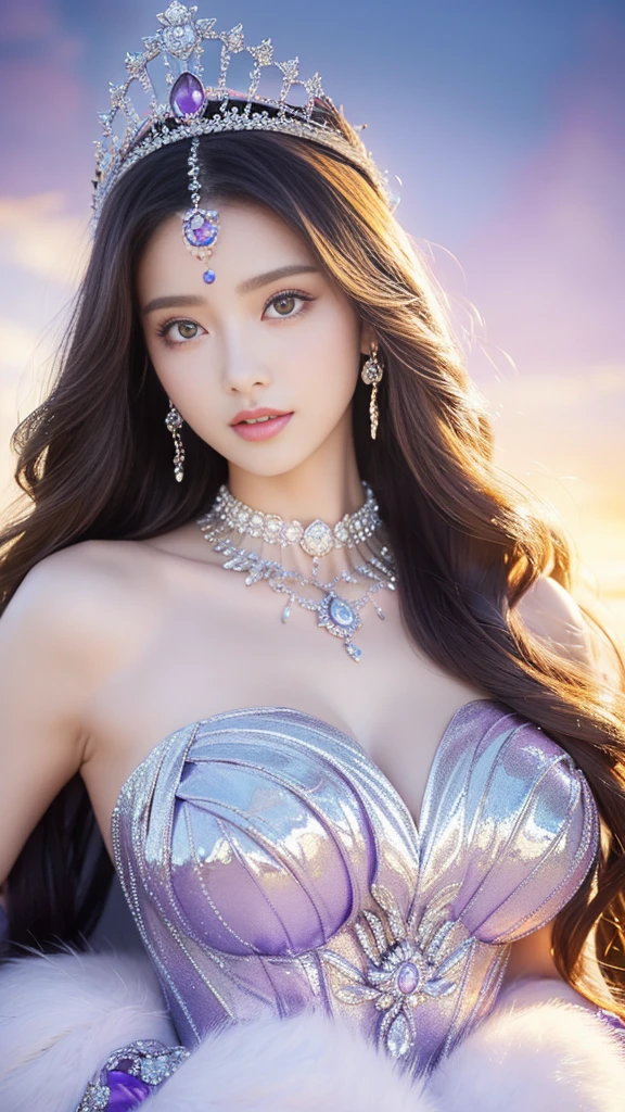 (masterpiece、highest quality、Best image quality、8K、Award-winning works)、一位goddess、(Most luxurious, shiny, Deluxe Giant Costume:1.1)、(The most luxurious and highest quality giant tiara:1.1)、(The most luxurious and highest quality giant necklace:1.1)、(A top-class goddess costume with a beautiful purple and white gradation:1.2)、(goddess&#39;s elaborately decorated costume shines in purple and white..:1.1)、(絶妙な紫と白のグラデーションが美しいhighest qualityのgoddessコスチューム:1.1)、Upper body photo、(Look at me with your best smile:1.2)、Large Breasts、Beautiful transparent sleeves of the highest quality、(High quality transparent sleeve with jewel embellishment:1.1)、Publish a&#39;Shoulder、Stand gracefully、(The most luxurious ice palace background:1.4)、(most exquisite、The most luxurious ice palace cathedral:1.3)、(The most mysterious giant ice palace:1.4)、(The most beautiful cathedral，Made of crystal clear ice:1.4)、(Beautiful transparent ice:1.1)、(Mysterious fairy tale light blue fog:1.15)、The background is a well-designed ice palace、Beautiful ice ceiling、(宫殿内部背景由错综复杂的shiny透明冰制成:1.4)、(Elegant palace columns made of ice:1.05)、Most complex、Most luxurious的装饰、(Lots of jewelry:1.1)、最もComplex and detailed backgrounds、(That&#39;That&#39;it&#39;Snowing:1.1)、fine shiny snow、(Tyndall effect:1.1)、Subtle shiny snow、Spectacular lighting、Perfect makeup、Long eyelashes、Beautiful eye shadow、(Accurate anatomy:1.1)、Natural forehead、Complex and detailed backgrounds、The subtlest glimmer、Deep background、Low contrast、Surrounded by soft lighting、(Body facing forward:1.1)、(Please put your arms down:1.1)