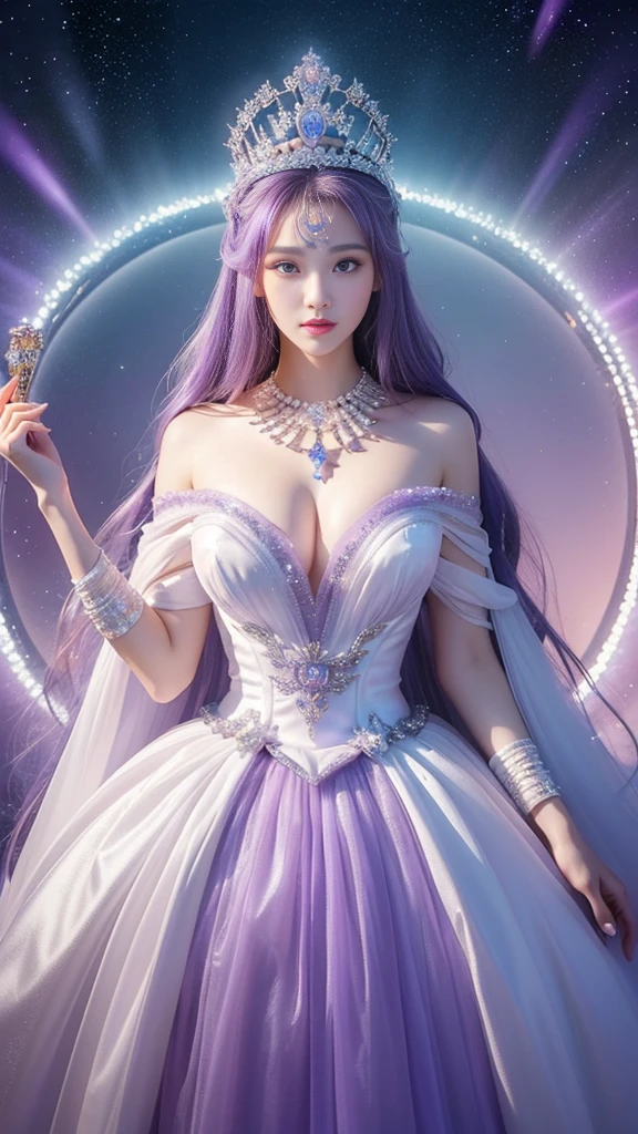 (masterpiece、highest quality、Best image quality、8K、Award-winning works)、一位goddess、(Most luxurious, shiny, Deluxe Giant Costume:1.1)、(The most luxurious and highest quality giant tiara:1.1)、(The most luxurious and highest quality giant necklace:1.1)、(A top-class goddess costume with a beautiful purple and white gradation:1.2)、(goddess&#39;s elaborately decorated costume shines in purple and white..:1.1)、(絶妙な紫と白のグラデーションが美しいhighest qualityのgoddessコスチューム:1.1)、Upper body photo、(Look at me with your best smile:1.2)、Large Breasts、Beautiful transparent sleeves of the highest quality、(High quality transparent sleeve with jewel embellishment:1.1)、Publish a&#39;Shoulder、Stand gracefully、(The most luxurious ice palace background:1.4)、(most exquisite、The most luxurious ice palace cathedral:1.3)、(The most mysterious giant ice palace:1.4)、(The most beautiful cathedral，Made of crystal clear ice:1.4)、(Beautiful transparent ice:1.1)、(Mysterious fairy tale light blue fog:1.15)、The background is a well-designed ice palace、Beautiful ice ceiling、(宫殿内部背景由错综复杂的shiny透明冰制成:1.4)、(Elegant palace columns made of ice:1.05)、Most complex、Most luxurious的装饰、(Lots of jewelry:1.1)、最もComplex and detailed backgrounds、(That&#39;That&#39;it&#39;Snowing:1.1)、fine shiny snow、(Tyndall effect:1.1)、Subtle shiny snow、Spectacular lighting、Perfect makeup、Long eyelashes、Beautiful eye shadow、(Accurate anatomy:1.1)、Natural forehead、Complex and detailed backgrounds、The subtlest glimmer、Deep background、Low contrast、Surrounded by soft lighting、(Body facing forward:1.1)、(Please put your arms down:1.1)