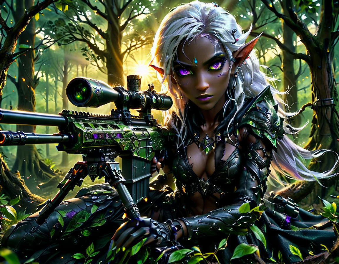 a portrait picture of a 1single female drow elf sniper, lying on a tree branch aiming a sniper rifle, an exotic beautiful elf sniper, white hair, braided hair, (black skin: 1.3),  intense purple eyes, ultra detailed face, small pointed ears, forest green camouflage cloths, on top of a epic fantasy tree, aiming a Barret M82, fantasy fores background, its sunset, sun rays, some clouds,  (full body shot: 1.1), ((anatomically correct: 1.4)) vibrant, Ultra-high resolution, High Contrast, (masterpiece:1.5), highest quality, Best aesthetics), best details, best quality, highres, ultra wide angle, 16k, [ultra detailed], masterpiece, best quality, (extremely detailed) Sniper Rifle, Intense gaze
