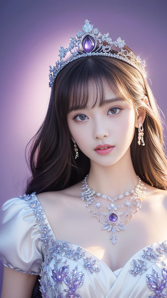 (masterpiece、highest quality、Best image quality、8K、Award-winning works)、一位goddess、(Most luxurious, shiny, Deluxe Giant Costume:1.1)、(The most luxurious and highest quality giant tiara:1.1)、(The most luxurious and highest quality giant necklace:1.1)、(A top-class goddess costume with a beautiful purple and white gradation:1.2)、(goddess&#39;s elaborately decorated costume shines in purple and white..:1.1)、(絶妙な紫と白のグラデーションが美しいhighest qualityのgoddessコスチューム:1.1)、Upper body photo、(Look at me with your best smile:1.2)、Large Breasts、Beautiful transparent sleeves of the highest quality、(High quality transparent sleeve with jewel embellishment:1.1)、Publish a&#39;Shoulder、Stand gracefully、(The most luxurious ice palace background:1.4)、(most exquisite、The most luxurious ice palace cathedral:1.3)、(The most mysterious giant ice palace:1.4)、(The most beautiful cathedral，Made of crystal clear ice:1.4)、(Beautiful transparent ice:1.1)、(Mysterious fairy tale light blue fog:1.15)、The background is a well-designed ice palace、Beautiful ice ceiling、(宫殿内部背景由错综复杂的shiny透明冰制成:1.4)、(Elegant palace columns made of ice:1.05)、Most complex、Most luxurious的装饰、(Lots of jewelry:1.1)、最もComplex and detailed backgrounds、(That&#39;That&#39;it&#39;Snowing:1.1)、fine shiny snow、(Tyndall effect:1.1)、Subtle shiny snow、Spectacular lighting、Perfect makeup、Long eyelashes、Beautiful eye shadow、(Accurate anatomy:1.1)、Natural forehead、Complex and detailed backgrounds、The subtlest glimmer、Deep background、Low contrast、Surrounded by soft lighting、(Body facing forward:1.1)、(Please put your arms down:1.1)