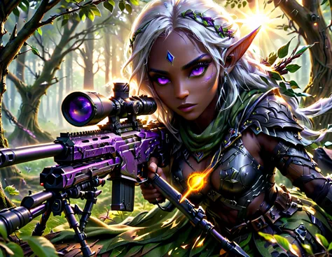 a portrait picture of a 1single female drow elf sniper, lying on a tree branch aiming a sniper rifle, an exotic beautiful elf sn...