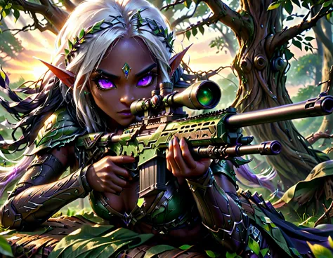 a portrait picture of a 1single female drow elf sniper, lying on a tree branch aiming a sniper rifle, an exotic beautiful elf sn...