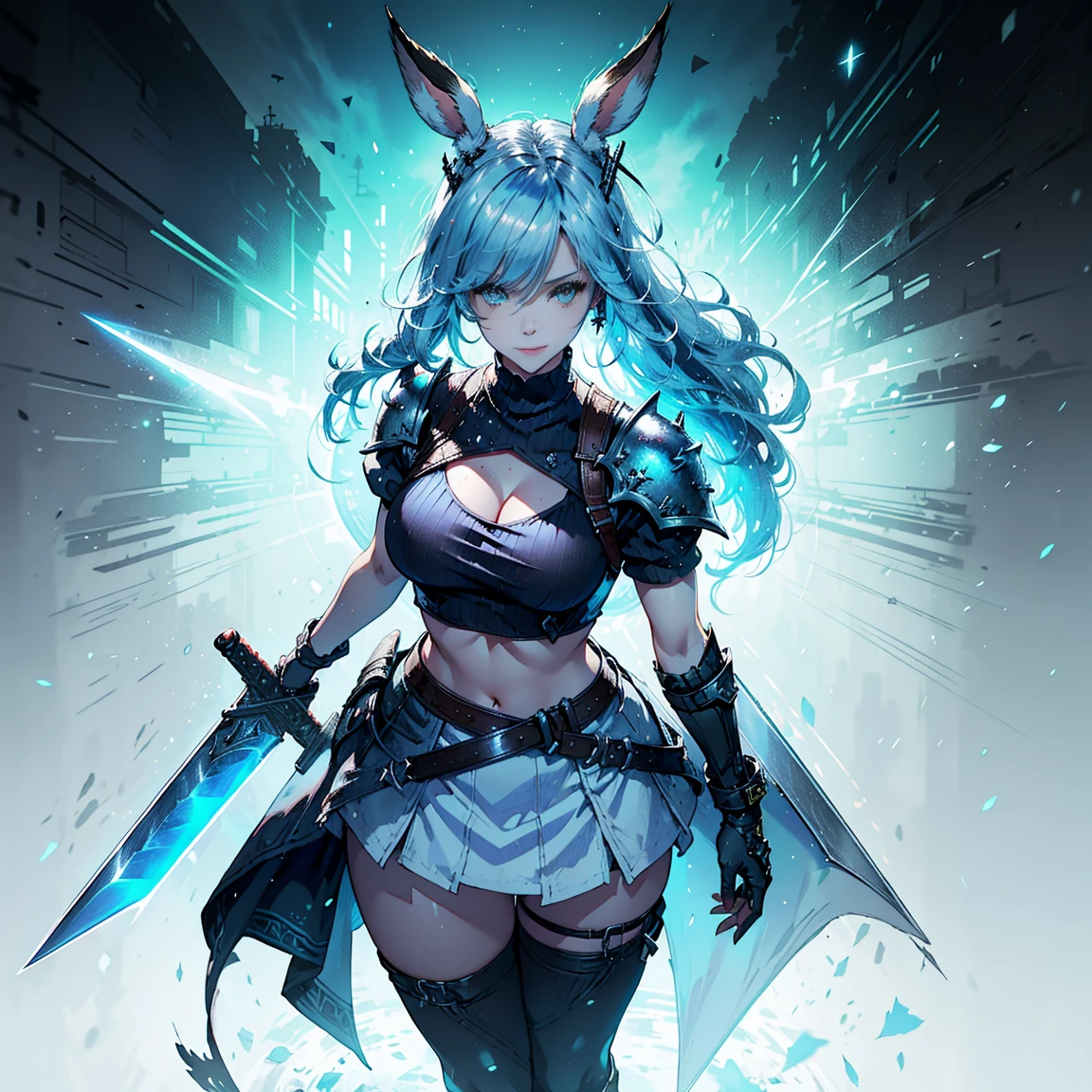 1girl, (solo), FFXIV_Viera, long hair, light blue hair, long rabbit ears, blue eyes, smile, arrogant, small lips, big breasts, big tall, white crop top, deep neckline, white skirt, black boots, ((buster_sword, huge_sword, holding_sword, dual_wielding )):6, white skin, full body, arena, thunder behind, (days), (very sexy body, detailed face, detailed eyes, masterpiece, highly detailed, 8k, best quality, vibrant colors, digital art, concept art)