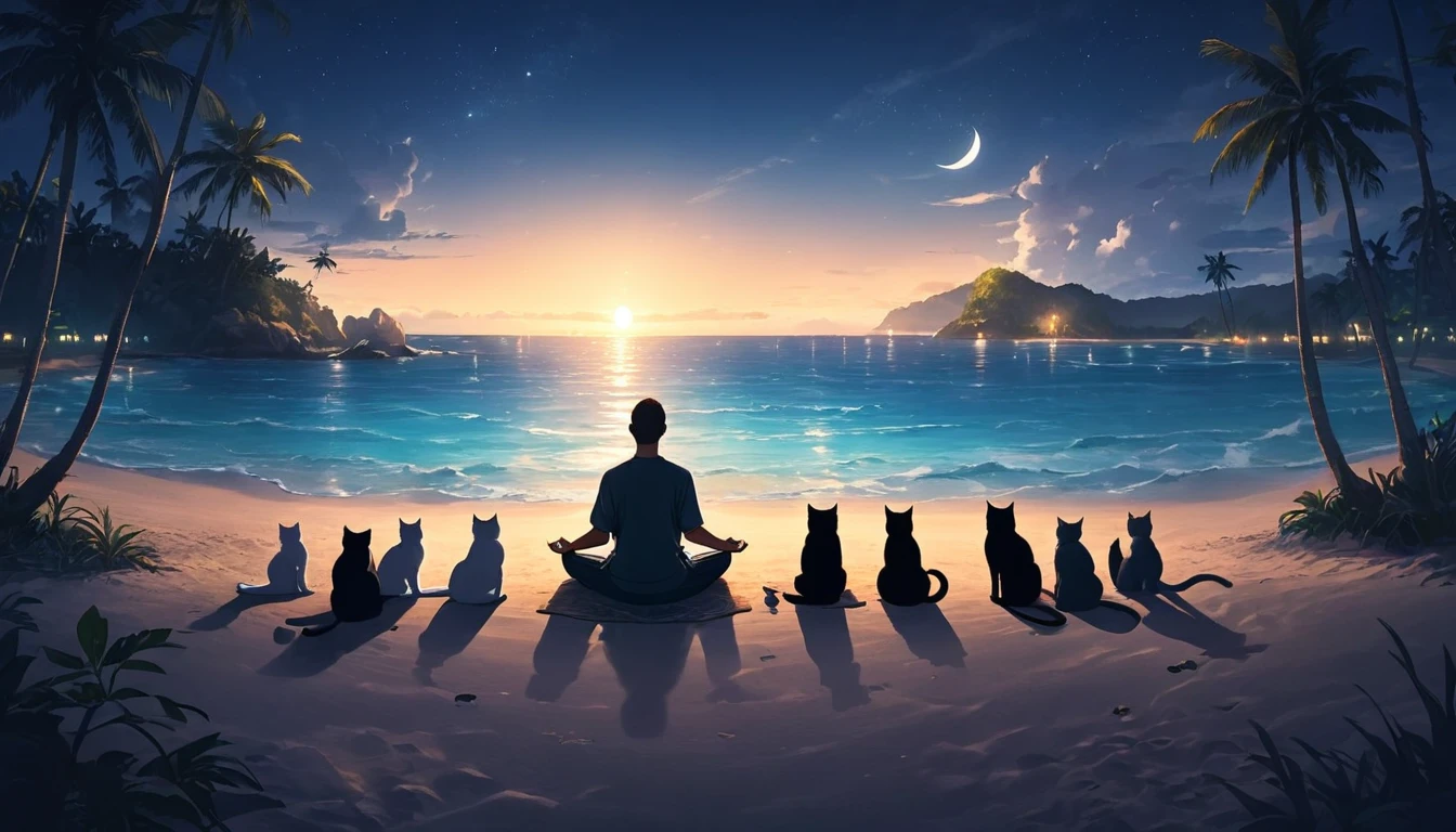 Persona occidental meditando rodeada de gatos. El escenario es una isla tropical.. Hermoso paisaje con playa en la playa de noche. iluminación cinematográfica. Hombres meditando