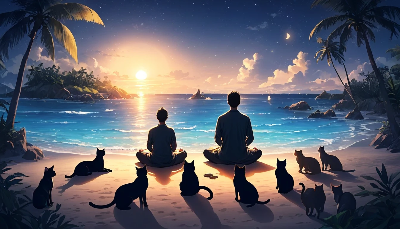 Persona occidental meditando rodeada de gatos. El escenario es una isla tropical.. Hermoso paisaje con playa en la playa de noche. iluminación cinematográfica. Hombres meditando