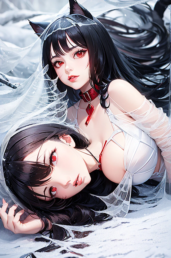 Detailed facial details，16 years old，1 girl，Red lips，Cat ear，Black long hair，Large Breasts，Slim，Mouth is tied，Wearing silk fabric，Charming red eye，Collar，Radiant Skin，Winter snow，Lying on the snow