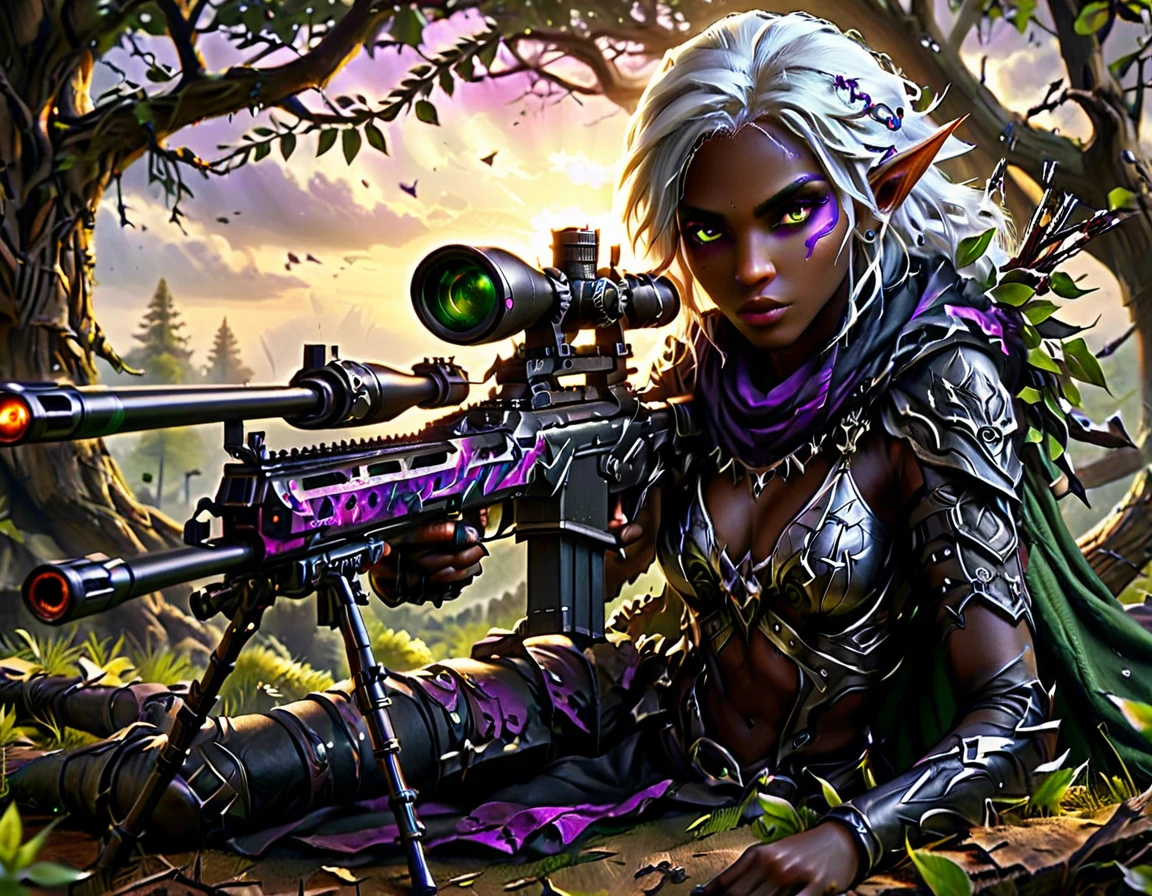 a portrait picture of a 1single female drow elf sniper, lying on a tree branch aiming a sniper rifle, an exotic beautiful elf sniper, white hair, braided hair, (black skin: 1.3),  intense purple eyes, ultra detailed face, small pointed ears, forest green camouflage cloths, on top of a epic fantasy tree, aiming a Barret M82, fantasy fores background, its sunset, sun rays, some clouds,  (full body shot: 1.1) , vibrant, Ultra-high resolution, High Contrast, (masterpiece:1.5), highest quality, Best aesthetics), best details, best quality, highres, ultra wide angle, 16k, [ultra detailed], masterpiece, best quality, (extremely detailed) Sniper Rifle, Intense gaze
