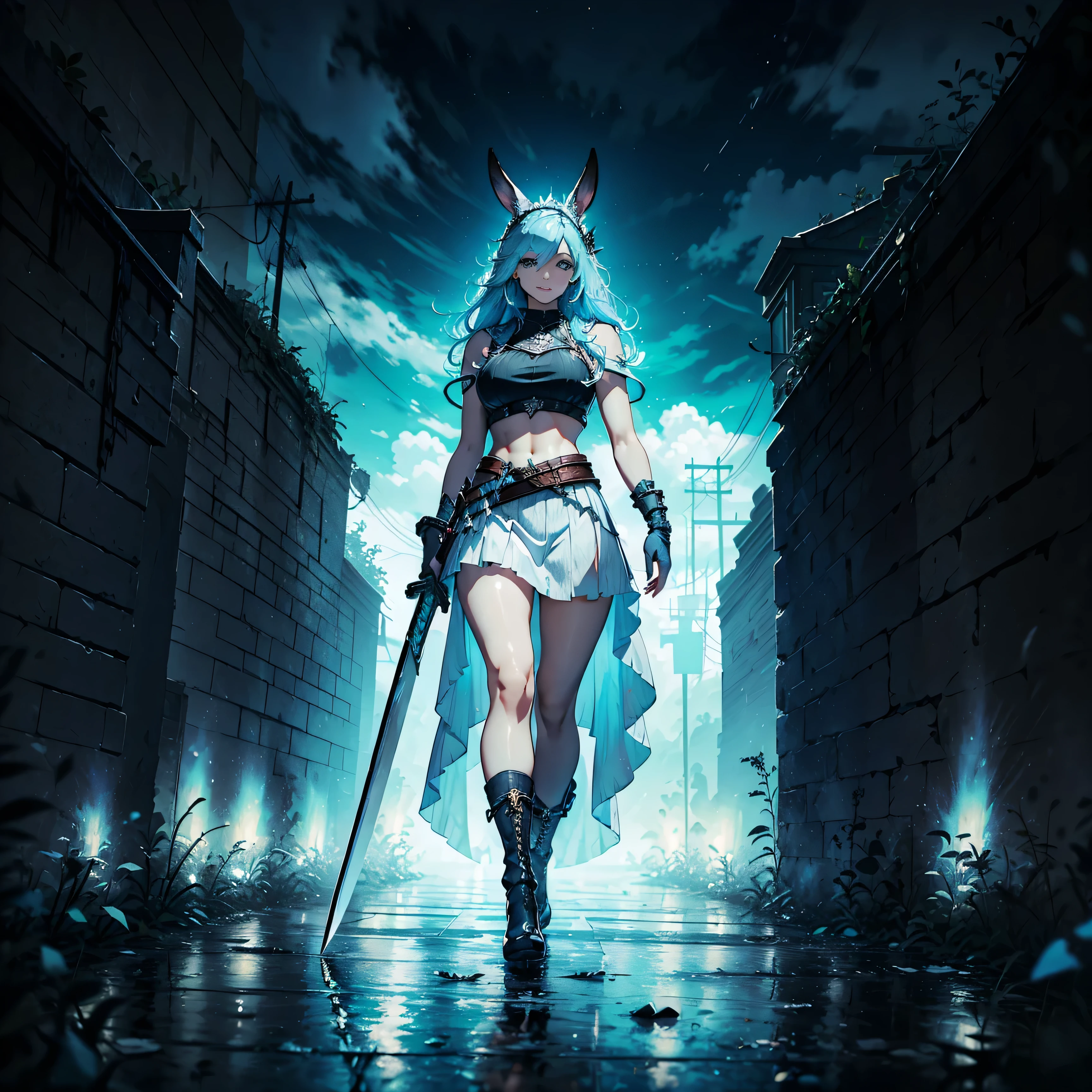 1girl, (solo), FFXIV_Viera, long hair, light blue hair, long rabbit ears, blue eyes, smile, arrogant, small lips, big breasts, big tall, white crop top, deep neckline, white skirt, black boots, ((buster_sword, huge_sword, holding_sword, dual_wielding )):6, white skin, full body, arena, thunder behind, (days), (very sexy body, detailed face, detailed eyes, masterpiece, highly detailed, 8k, best quality, vibrant colors, digital art, concept art)