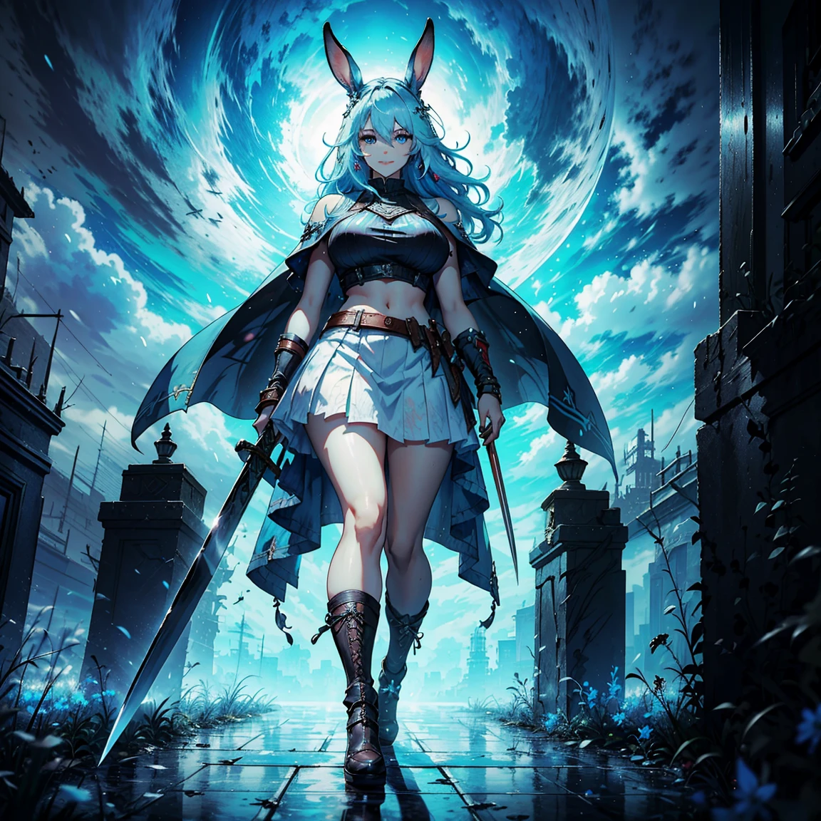 1girl, (solo), FFXIV_Viera, long hair, light blue hair, long rabbit ears, blue eyes, smile, arrogant, small lips, big breasts, big tall, white crop top, deep neckline, white skirt, black boots, ((buster_sword, huge_sword, holding_sword, dual_wielding)):6, white skin, full body, arena, thunder behind, (days), (very sexy body, detailed face, detailed eyes, masterpiece, highly detailed, 8k, best quality, vibrant colors, digital art, concept art)