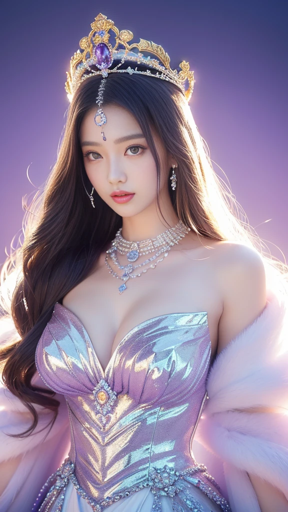 (masterpiece、highest quality、Best image quality、8K、Award-winning works)、一位goddess、(Most luxurious, shiny, Deluxe Giant Costume:1.1)、(The most luxurious and highest quality giant tiara:1.1)、(The most luxurious and highest quality giant necklace:1.1)、(A top-class goddess costume with a beautiful purple and white gradation:1.2)、(goddess&#39;s elaborately decorated costume shines in purple and white..:1.1)、(絶妙な紫と白のグラデーションが美しいhighest qualityのgoddessコスチューム:1.1)、Upper body photo、(Look at me with your best smile:1.2)、Large Breasts、Beautiful transparent sleeves of the highest quality、(High quality transparent sleeve with jewel embellishment:1.1)、Publish a&#39;Shoulder、Stand gracefully、(The most luxurious ice palace background:1.4)、(most exquisite、The most luxurious ice palace cathedral:1.3)、(The most mysterious giant ice palace:1.4)、(The most beautiful cathedral，Made of crystal clear ice:1.4)、(Beautiful transparent ice:1.1)、(Mysterious fairy tale light blue fog:1.15)、The background is a well-designed ice palace、Beautiful ice ceiling、(宫殿内部背景由错综复杂的shiny透明冰制成:1.4)、(Elegant palace columns made of ice:1.05)、Most complex、Most luxurious的装饰、(Lots of jewelry:1.1)、最もComplex and detailed backgrounds、(That&#39;That&#39;it&#39;Snowing:1.1)、fine shiny snow、(Tyndall effect:1.1)、Subtle shiny snow、Spectacular lighting、Perfect makeup、Long eyelashes、Beautiful eye shadow、(Accurate anatomy:1.1)、Natural forehead、Complex and detailed backgrounds、The subtlest glimmer、Deep background、Low contrast、Surrounded by soft lighting、(Body facing forward:1.1)、(Please put your arms down:1.1)