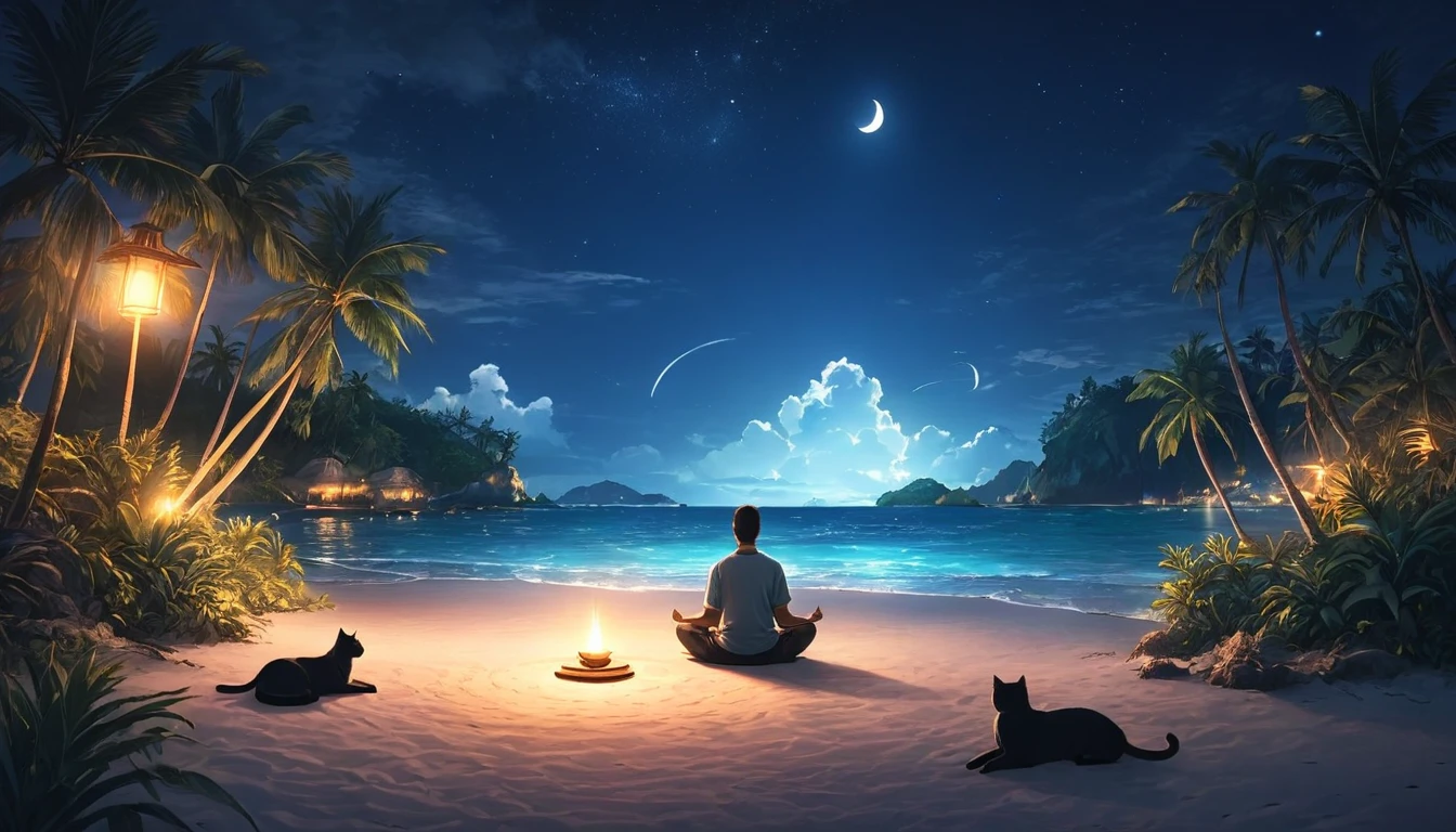 Pessoa ocidental meditando cercada por 1 gato. O cenário é uma ilha tropical. Bela paisagem com praia na praia noturna. iluminação cinematográfica. Homens relaxam