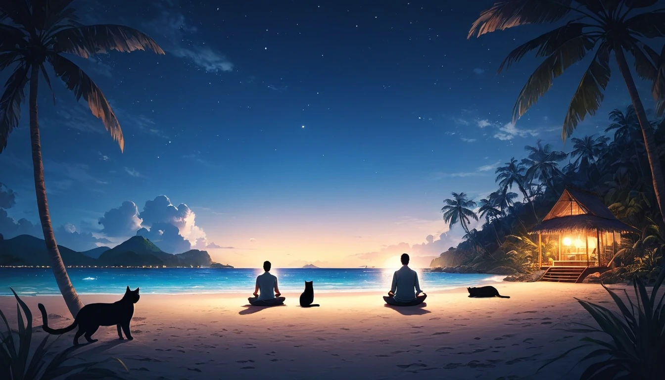 Une personne occidentale méditant entourée d'un chat. Le décor est une île tropicale. Beau paysage avec plage sur plage de nuit. Éclairage cinématographique. Des hommes se détendent