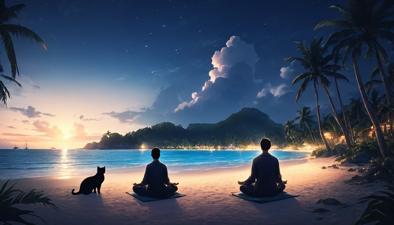 Persona occidental meditando rodeado de 1 gato. El escenario es una isla tropical.. Hermoso paisaje con playa en la playa de noche. iluminación cinematográfica. Hombres relajándose