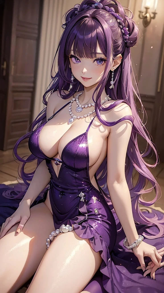 (((masterpiece, super high resolution, ultra HD, 8K quality))), (((woman in purple evening dress / revealing dress))), (((purple hair, french updo))), (((beautiful sparkling purple eyes, pupils with highlights))), ((blunt bangs)), pink lips, sexy expression, ((highly detailed)), (perfectly detailed face), (detailed and carefully drawn hands), (((very large breasts, cute smile))), photorealistic image, (((beautiful legs peeking through the slit of the dress))), silver earrings, pearl necklace, jade bangle, diamond ring
