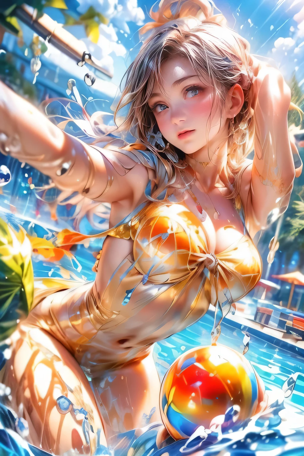 beautiful Cute young girl, sniper, leisure pool, holding toy water gun, aiming at mom, firing toy water gun, rifle type water gun, water spray coming out of water gun, splash water, fun bathing, glitter A clear water surface, a detailed sniper stance, a detailed water gun, a cute frilly swimwear, and a soaking wet body,beautiful detailed eyes,beautiful detailed lips,extremely detailed eyes and face,longeyelashes,wet hair,splashing water,vibrant colors,atmospheric lighting, (highest quality,16k,highres,masterpiece:1.2),ultra-detailed,(ultra-realistic,photo-realistic:1.37)