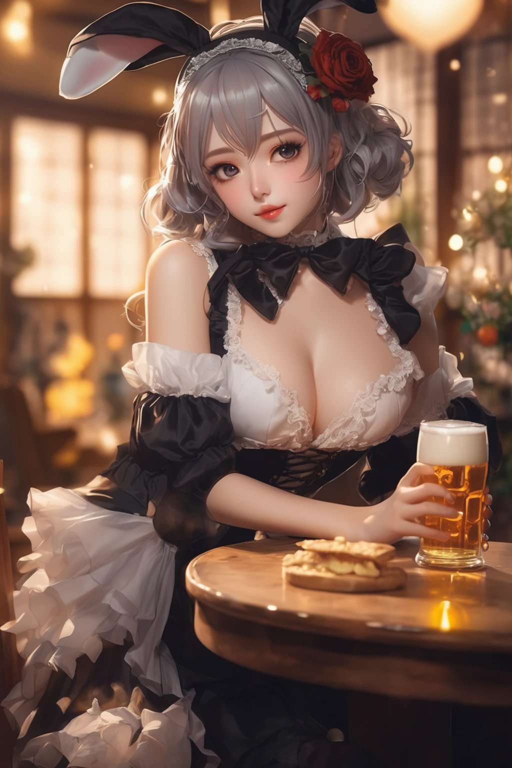 A woman wearing bunny ears sits at the table，holding beer in hand, seductive anime girl, Beautiful charming anime woman, Anime girl wearing maid outfit, Exquisite details. Girls&#39; Frontline, Popular topics on cgstation, have a drink, from Girls&#39; Frontline, Oppei Cyberpunk, artwork in the style of Guvez, Ayaka Genshin impact, Guvez