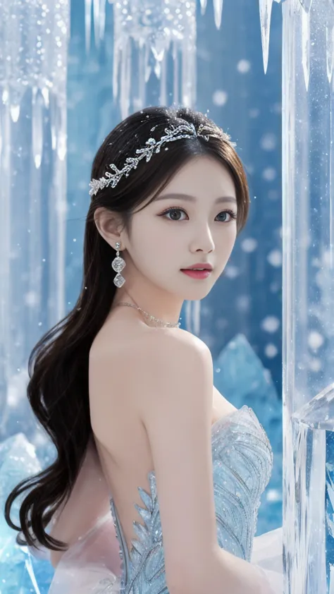 A goddess、Large Breasts、Stand gracefully、(The most luxurious ice palace background:1.4)、(Mysterious fairy tale light blue fog:1....