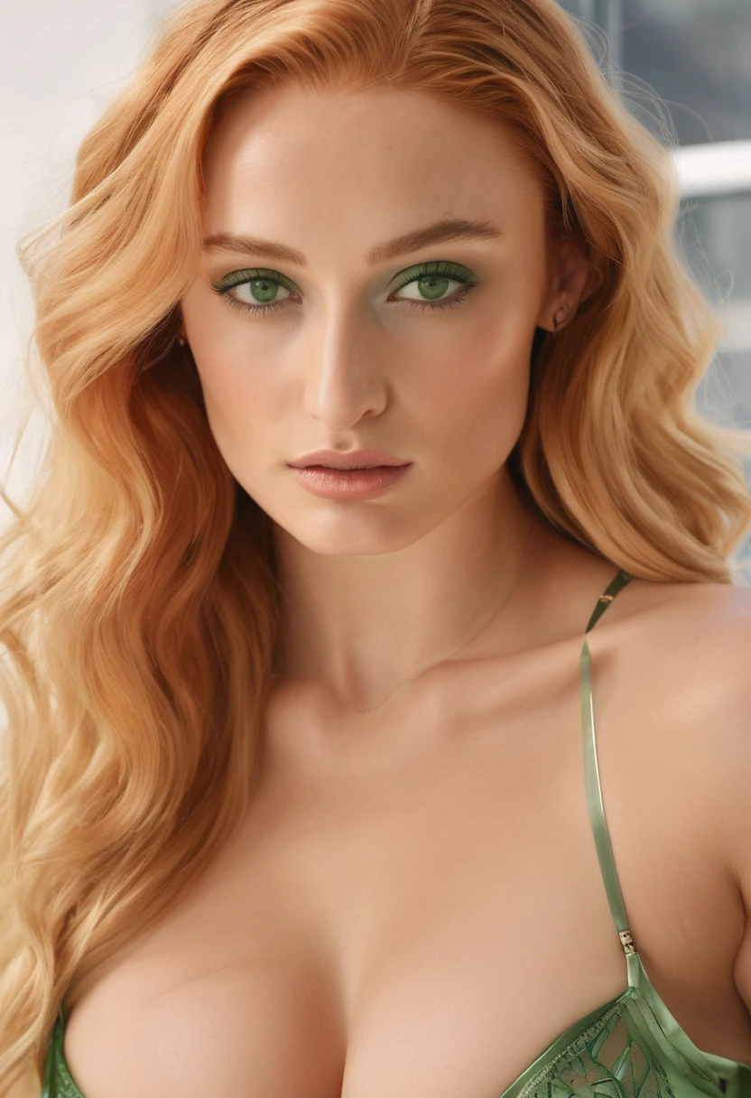 Sophie Turner, sheer  (glass-like-see-through-fabric) silk bra, sheer  (glass-like-see-through-fabric) silk panties, sheer  (glass-like-see-through-fabric) silk dress, ultra detailed face, skinny body, white shiny skin, long light orange wavy messy hair, ((front view, sitting, detailed green eyes)), (((masterpiece, small breasts, cleavage))).