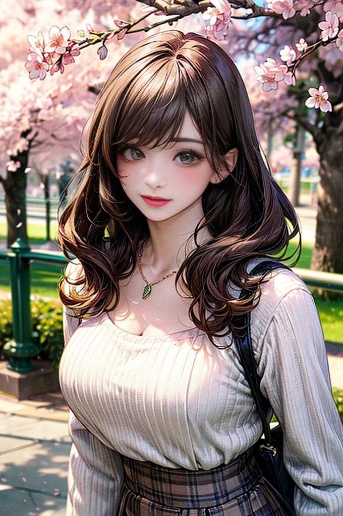 ((Tabletop, Highest quality, High resolution, Hmph, Hmph, Pixel perfect, Depth of written boundary, 4K, Very detailed))), One Girl, single, alone, , ((Long Hair, bangs, Dark brown hair)), ((Green Eyes:1.4, Round eyes, Beautiful eyelashes, Realistic eyes)), ((Detailed face, blush:1.2)), ((Smooth texture:0.75, Realistic texture:0.65, Realistic:1.1, Bright colors)), ((Medium chest, Cleavage:0.9)), Dynamic Angle, Perfect body, ((throw, Dynamic pose, Portraiture)), ((White sweater, Long sleeve, Checked skirt, Fashionable, single Handbag, 1 diamond necklace)), smile, Open your mouth, amusement park, ((Cherry tree, Cherry blossoms fall))、((art:Alfonso Mucha))、(Soaring skirt、Hairy crotch)