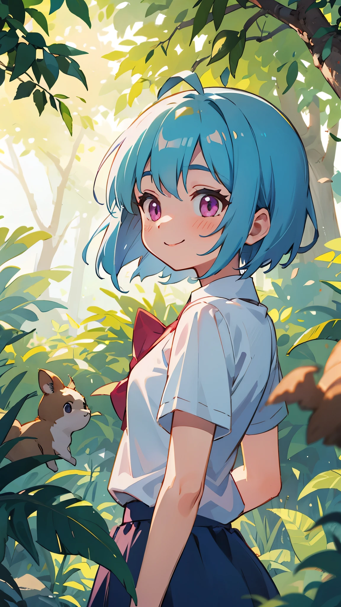 16-year-old girl、Light blue hair、Pink Eyes、smile、blush、Small breasts、From the back、white blouse shirt、Checked skirt、Under the bright light of the sunlight filtering through the trees、Acorns、Sharp contours、Tomboy、boyish、First class work