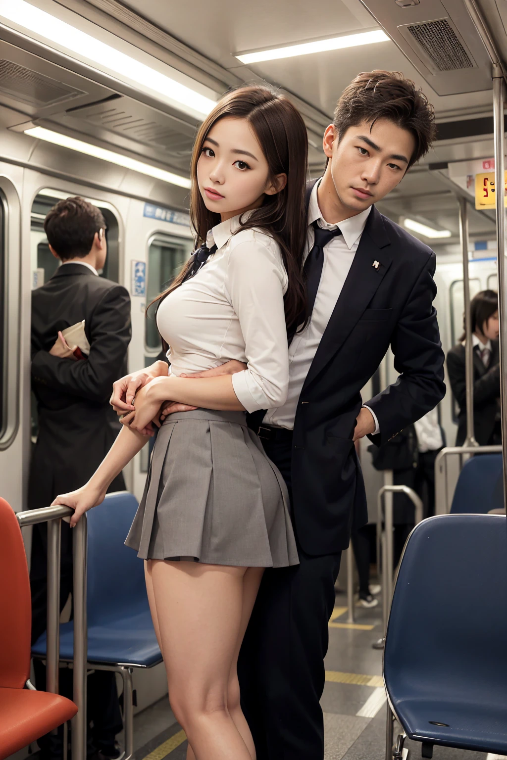 NSFW, crowded train, Japan woman, Japan prostitute, Japan bitch, Japan whore, Japan harlot, Handsome man hugging her from behind, Talking in her ear, lift her up, miniskirt twisted upwards, 40k, photograph, masterpiece, highest quality, dark gray background, ((Japan girls' high school uniform)), An elderly man leans on her from behind、I held you up, Mr.々Hit the pose. 々, 々.