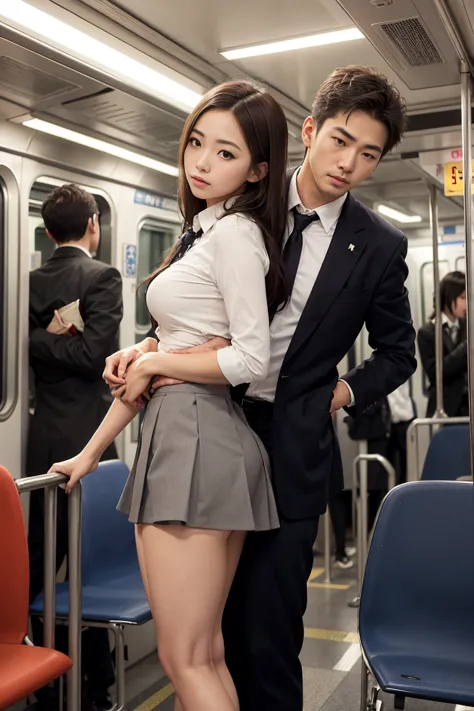 nsfw, crowded train, japan woman, japan prostitute, japan bitch, japan whore, japan harlot, handsome man hugging her from behind...