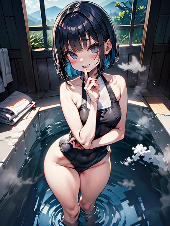 echo-san, 
bob cut,
black hair,
(School Swimsuit),
High resolution,Sharp focus,(Super detailed,Very detailed),(Very detailed CG unity 8k wallpaper),(((Vibrant colors))),{best illustration},
Complex eyes,Beautiful Eyes,Symmetrical eyes,Big eyes:1.5,Seductive eyes,Perfect Fingers,(Detailed body),(Detailed face)), cute,small breasts,
shiny 肌,very shiny 肌,Shiny body,plastic glitter 肌,exaggerated shiny 肌,illuminated 肌,

Dynamic Pose,smile,　Open your mouth,　Put your hand on your cheek,
Hot spring with ocean view,Natural stone floor,(Big bath),Filled with hot water,Rich natural environment,(steam:1.2),(immerse:1.2),(take a bath:1.2),
