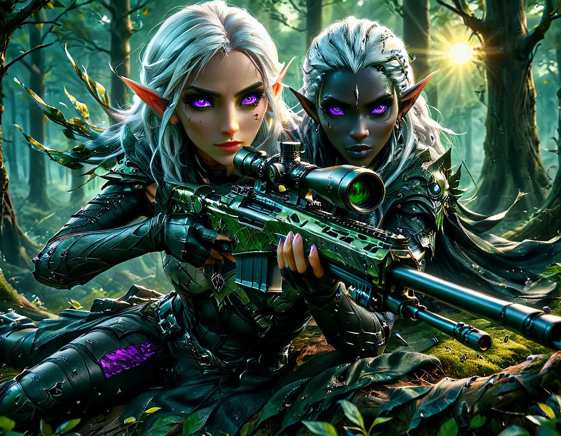 a portrait picture of a 1single female drow elf sniper, lying on a tree branch aiming a sniper rifle, an exotic beautiful elf sniper, white hair, braided hair, (black skin: 1.3),  intense purple eyes, ultra detailed face, small pointed ears, forest green camouflage cloths, on top of a epic fantasy tree, aiming a Barret M82, fantasy fores background, its sunset, sun rays, some clouds,  (full body shot: 1.1), ((anatomically correct: 1.4)) vibrant, Ultra-high resolution, High Contrast, (masterpiece:1.5), highest quality, Best aesthetics), best details, best quality, highres, ultra wide angle, 16k, [ultra detailed], masterpiece, best quality, (extremely detailed) Sniper Rifle, Intense gaze
