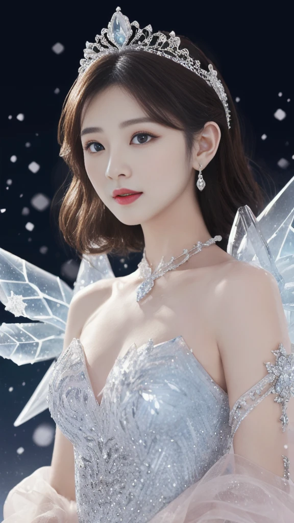 A goddess、Large Breasts、Stand gracefully、(The most luxurious ice palace background:1.4)、(Mysterious fairy tale light blue fog:1.15)、The background is a well-designed ice palace、Beautiful ice ceiling、(Palace interior background made of intricate, sparkling transparent ice)、Most complex、The most luxurious decoration、(Lots of jewelry:1.1)、最もComplex and detailed backgrounds、(Snowing:1.1)、fine sparkling snow、(Tyndall effect:1.1)、Subtle sparkling snow、Spectacular lighting、Perfect makeup、Long eyelashes、Beautiful eye shadow、(Accurate anatomy:1.1)、Natural forehead、Complex and detailed backgrounds、The subtlest glimmer、Deep background、Low contrast、Surrounded by soft lighting、(Body facing forward:1.1)