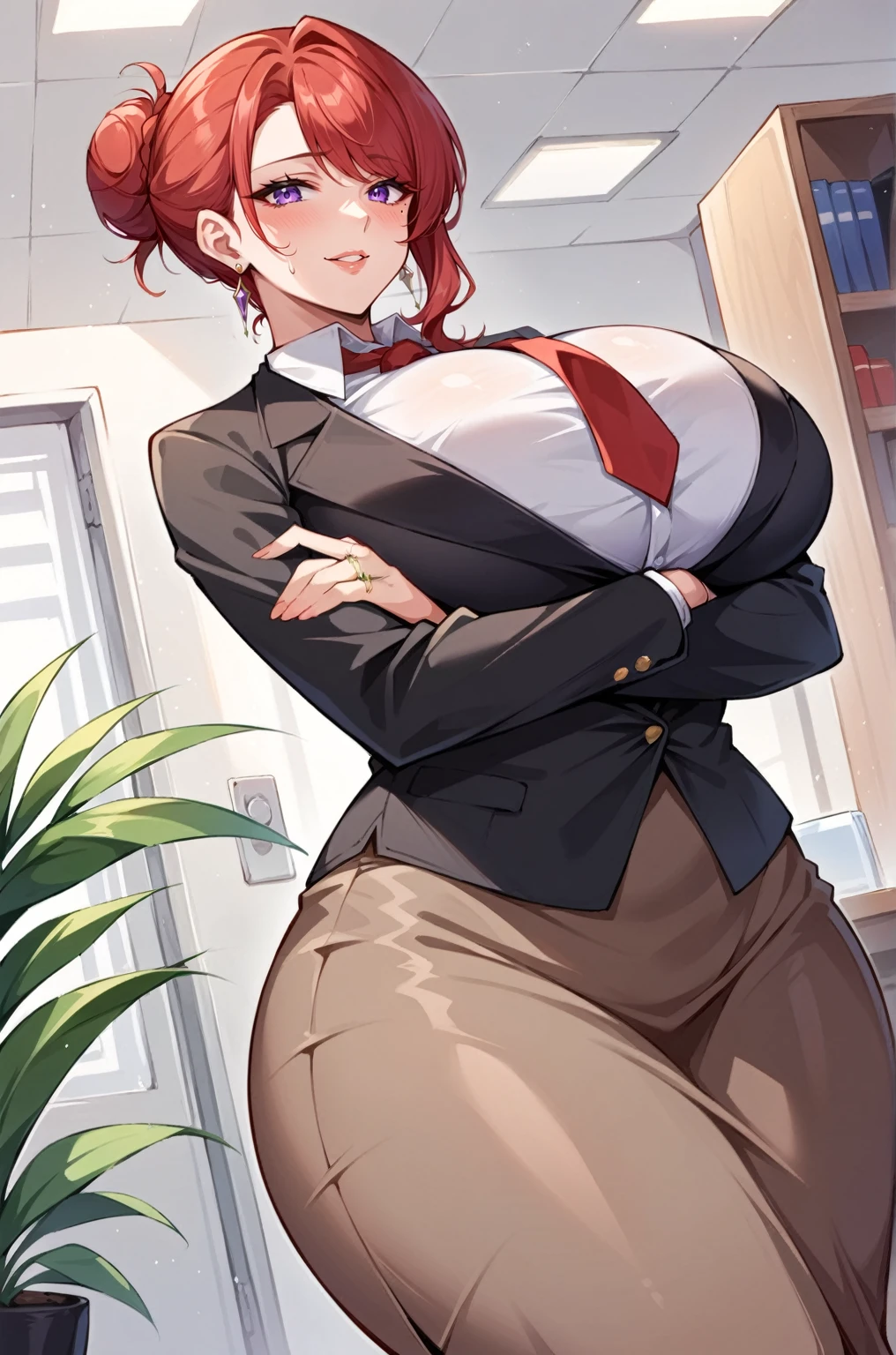 score_9, score_8_up, score_7_up, score_6_up, score_5_up, score_4_up, source_anime, BREAK, lady, mature woman, hung outfit, jewelry, solo, mole under eye, mole, hair bun, single hair bun, red necktie, ring, earrings, crossed arms, shirt, sweatdrop, jacket, collared shirt, formal, long skirt, thighs splits, hair ornament, bangs, swept bangs, red hair, purple eyes, black jacket, expressive, dynamic, thick full parted lips, pouted lips, (((NSFW))), seductive, alluring, sexy, embarrassed smile, ((huge breasts)), wide hips, thick thighs, huge ass, ((long futanari erection)), detailed eyes, detailed background, masterpiece, full body, ((office room)),  