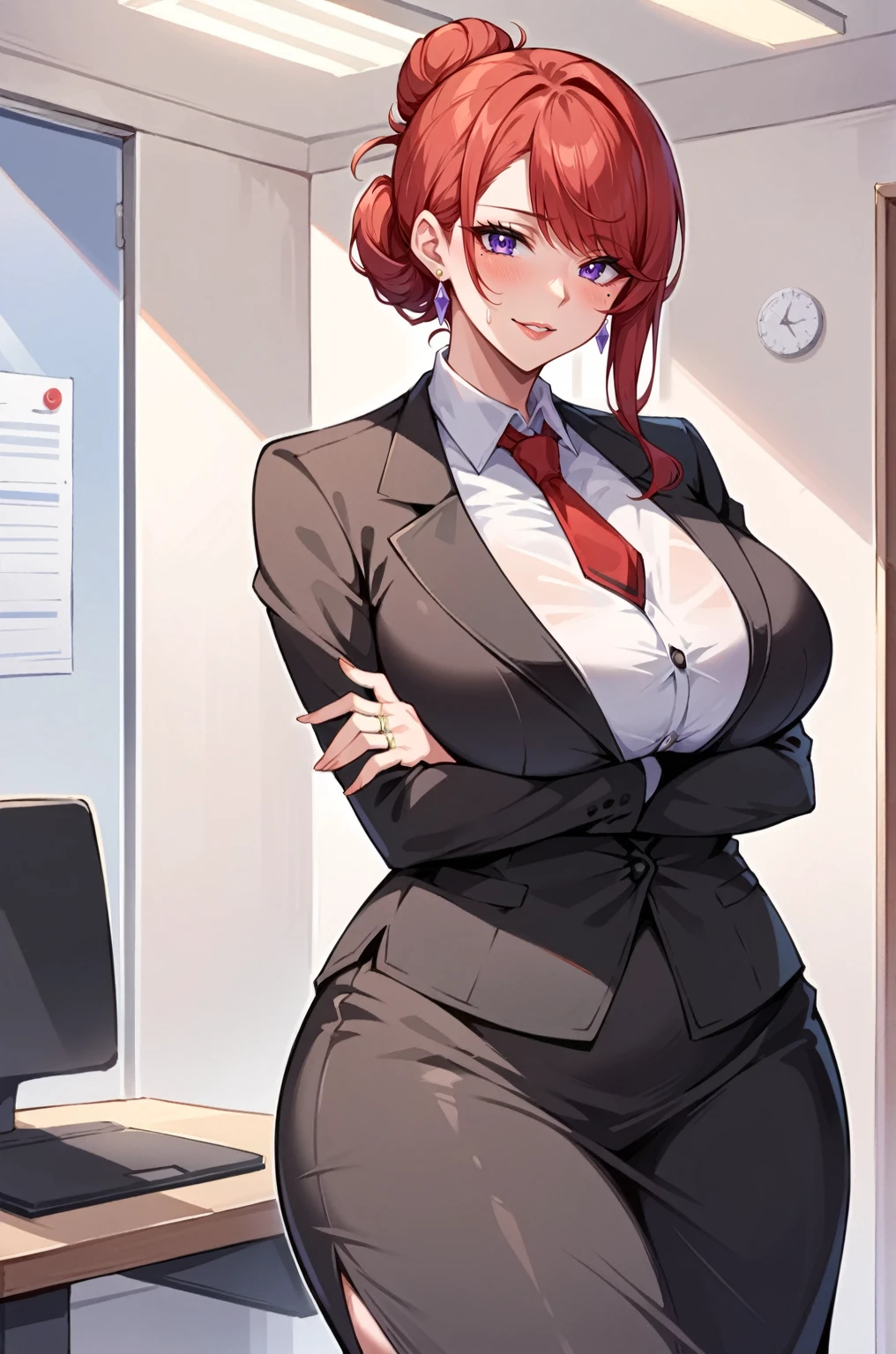 score_9, score_8_up, score_7_up, score_6_up, score_5_up, score_4_up, source_anime, BREAK, lady, mature woman, hung outfit, jewelry, solo, mole under eye, mole, hair bun, single hair bun, red necktie, ring, earrings, crossed arms, shirt, sweatdrop, jacket, collared shirt, formal, long skirt, thighs splits, hair ornament, bangs, swept bangs, red hair, purple eyes, black jacket, expressive, dynamic, thick full parted lips, pouted lips, (((NSFW))), seductive, alluring, sexy, embarrassed smile, ((huge breasts)), wide hips, thick thighs, huge ass, ((long futanari erection)), detailed eyes, detailed background, masterpiece, full body, ((office room)),  